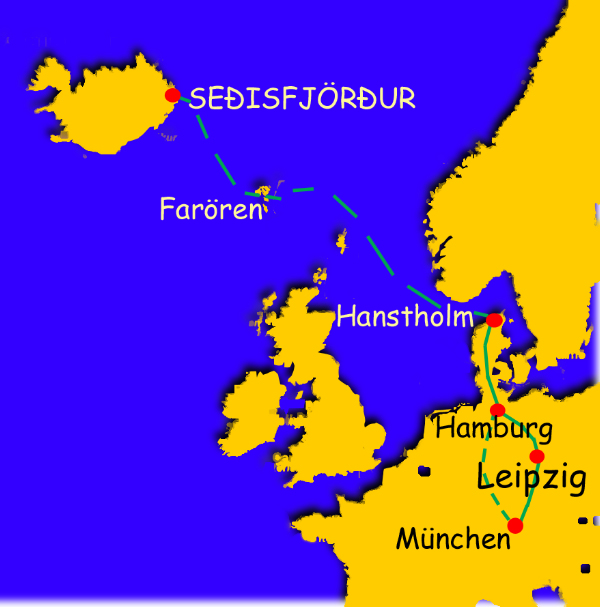 Die Route München - Hanstholm - Färören - Island