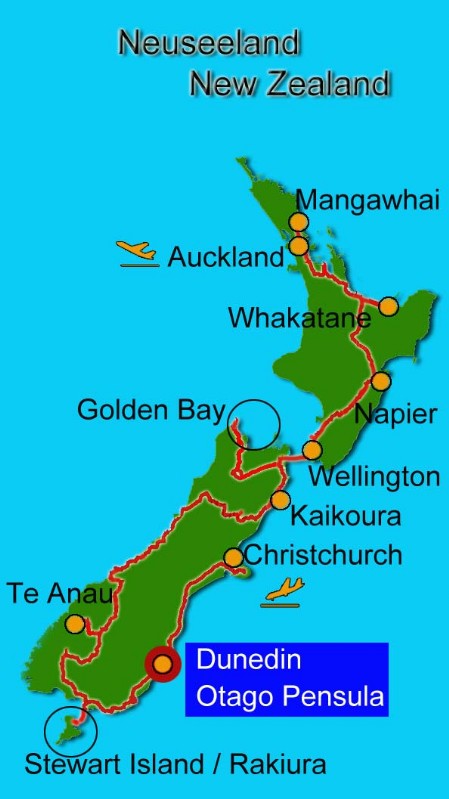 Karte Neuseeland Dunedin Otago Pensula