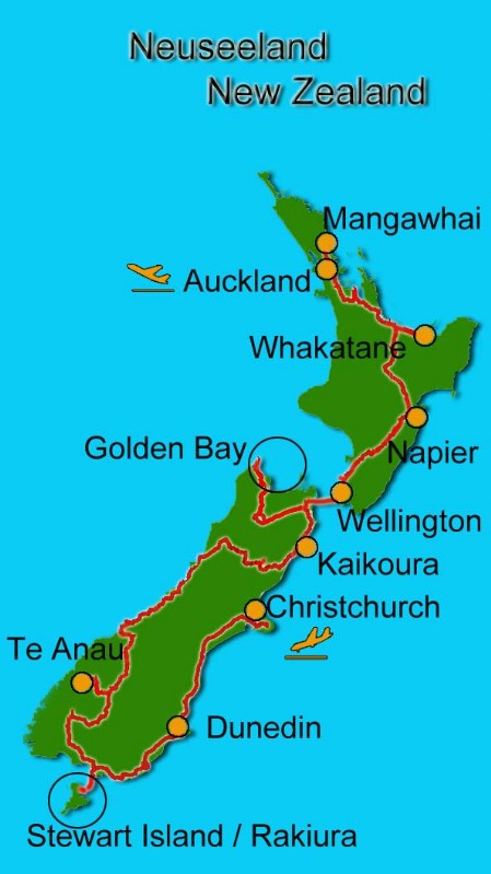 Karte Neuseeland mit Reiserouten