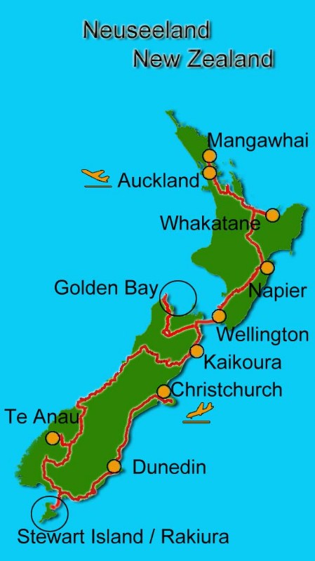 Karte Neuseeland mit Reiserouten Karte Neuseeland mit Reiserouten