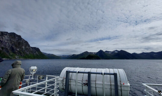 Blick vom Deck der Fähre über das Meer auf steile, teilweise schneebedeckte Berge der norwegischen Küste unter einem bewölkten Himmel.
