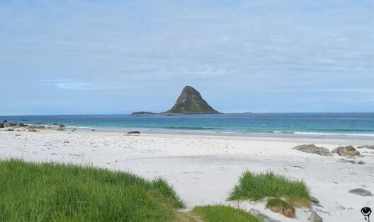 Strand von Bleik auf Andøya mit Meer, Bergen und der Küstenlandschaft
