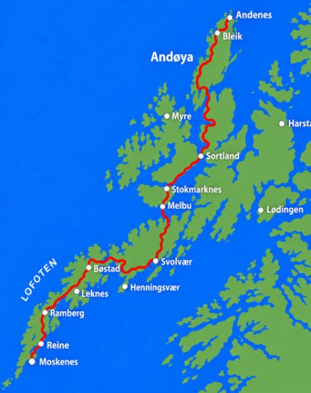 Karte der Reiseroute von Andøya über Sortland, Stokmarknes und die Lofoten bis Moskenes