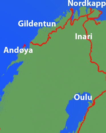 Karte der Reiseroute durch Nordskandinavien 2025 mit Oulu, Inari, Nordkap, Gildentun und Andøya