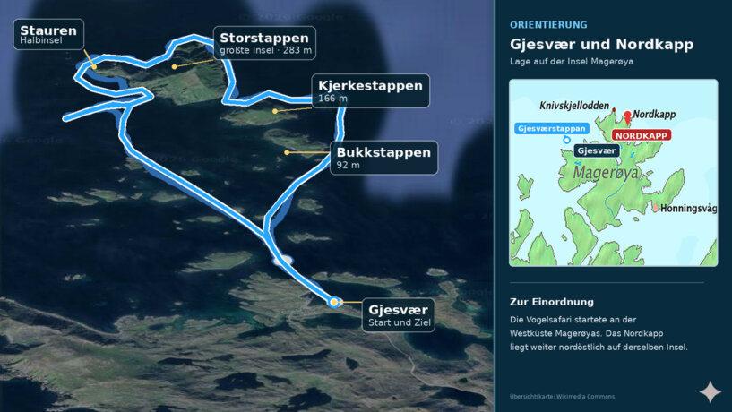 Karte der Bootstour von Gjesvær über Storstappen, Stauren, Kjerkestappen und Bukkstappen bei den Gjesværstappan.