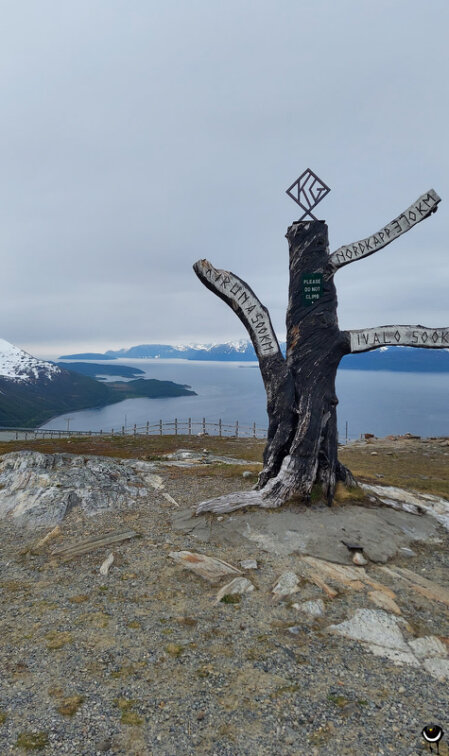 Aus einem Baumstamm gefertigter Wegweiser mit Richtungsangaben zum Nordkap und nach Tromsø vor dem Kvænangenfjord und schneebedeckten Bergen.